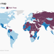 A map showing levels of freedom across the globe. Less than 20% of the countries are considered free.